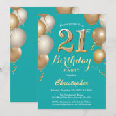 21ste Blauwgroen verjaardag en gouden ballonnen Co Kaart (Voorkant / Achterkant)
