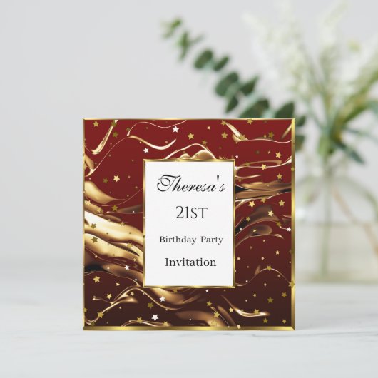 21ste Burgundy Gold Stars Birthday Party Kaart (Staand voorkant)