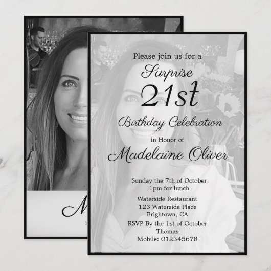 21ste Classy Monogram zwart-wit foto Birthday Kaart (Voorkant / Achterkant)