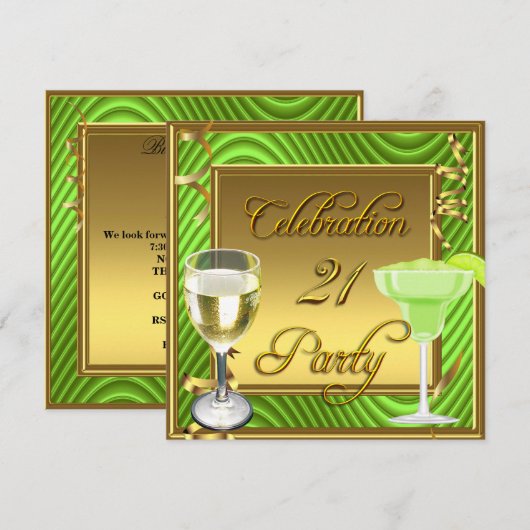 21ste feestdag Gold Lime Green Birthday Party Kaart (Voorkant / Achterkant)