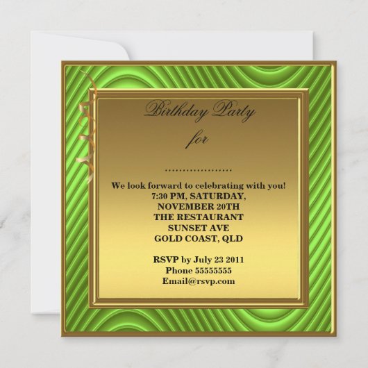 21ste feestdag Gold Lime Green Birthday Party Kaart (Achterkant)