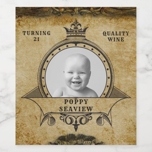21ste  geboortedag Retro monogram & foto Wijn Etiket (Enkel label)