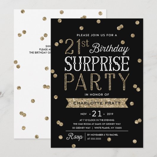 21ste Glitter Confetti Surprise Party Invitation Kaart (Voorkant / Achterkant)
