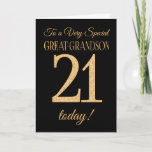 21ste Gold-effect op Black, Great-Grandson Birthda Kaart<br><div class="desc">Een 21ste kinderkaart voor een 'Zeer speciale Grote Grootzoon',  met een nummer 21,  bestaande uit gouden-effectgetallen en het woord 'Grootzoon',  in goud-effect,  op een zwarte achtergrond. Het binnenste bericht,  dat je kunt wijzigen als je dat wilt,  is 'Happy Birthday'</div>