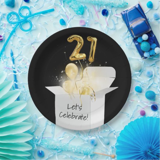 21ste goudballonnen in witte doos papieren bordje (Feest)