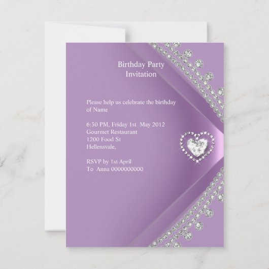 21ste Lila Heart Diamond Jewel van Birthday Party Kaart (Achterkant)