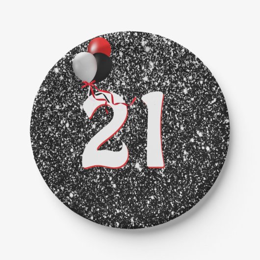 21ste verjaardag ballonnen op zwarte glitter papieren bordje (Voorkant)