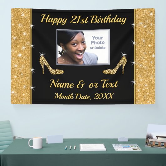 21ste verjaardag banners op maat, zwart en goud (Beurs)