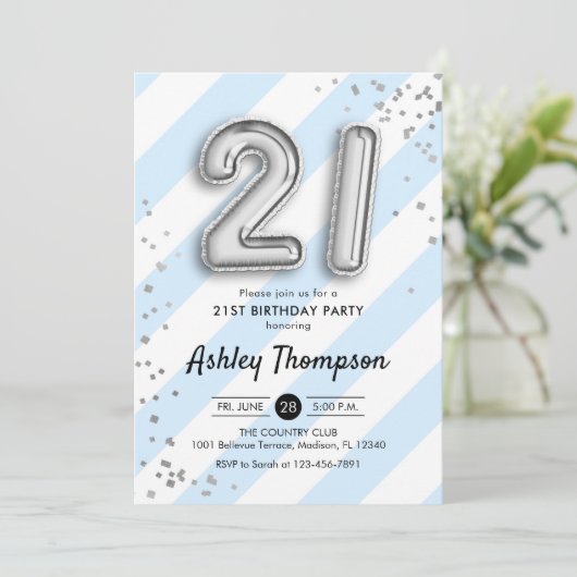21ste verjaardag - Blauwe strepen en zilveren ball Kaart (Staand voorkant)