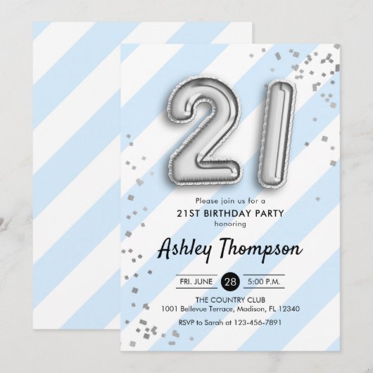 21ste verjaardag - Blauwe strepen en zilveren ball Kaart (Voorkant / Achterkant)