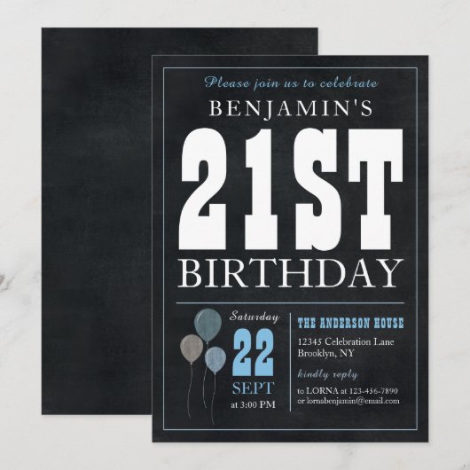 21ste verjaardag Chalkboard Blue Balloon Roche Kaart (Voorkant / Achterkant)