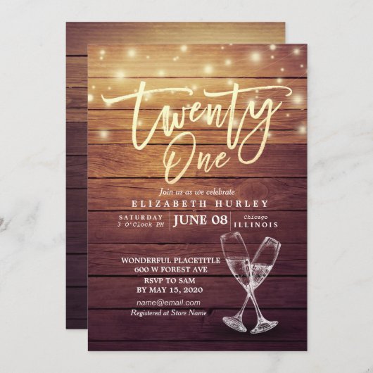 21ste verjaardag Champagne Glasses Hout Kaart (Voorkant / Achterkant)