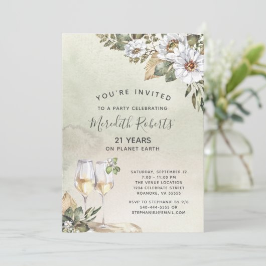 21ste verjaardag Champagne Toast White Sage Floral Kaart (Staand voorkant)