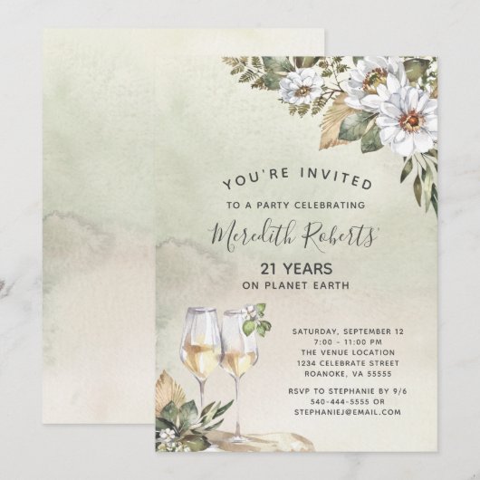 21ste verjaardag Champagne Toast White Sage Floral Kaart (Voorkant / Achterkant)