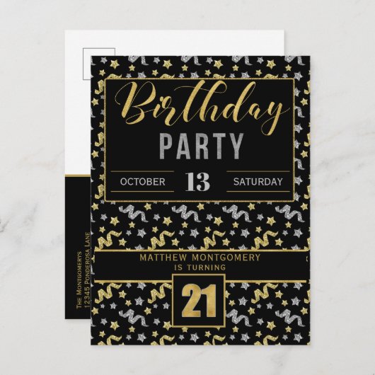 21ste Verjaardag Confetti in zwart en goud Uitnodiging Briefkaart (Voorkant / Achterkant)