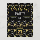 21ste Verjaardag Confetti in zwart en goud Uitnodiging Briefkaart (Voorkant)