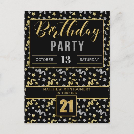 21ste Verjaardag Confetti in zwart en goud Uitnodiging Briefkaart (Voorkant)