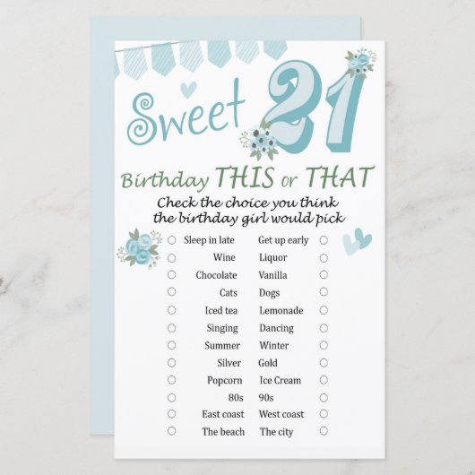 21ste verjaardag Dit of dat spel (Voorkant / Achterkant)