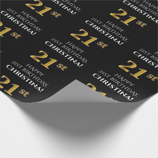 21ste verjaardag: Elegant, zwart, Faux Gold look Cadeaupapier (Hoek)