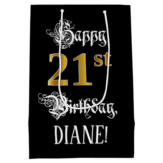 21ste verjaardag ~ Fancy script; Faux Gold look; n Medium Cadeauzakje (Achterkant)