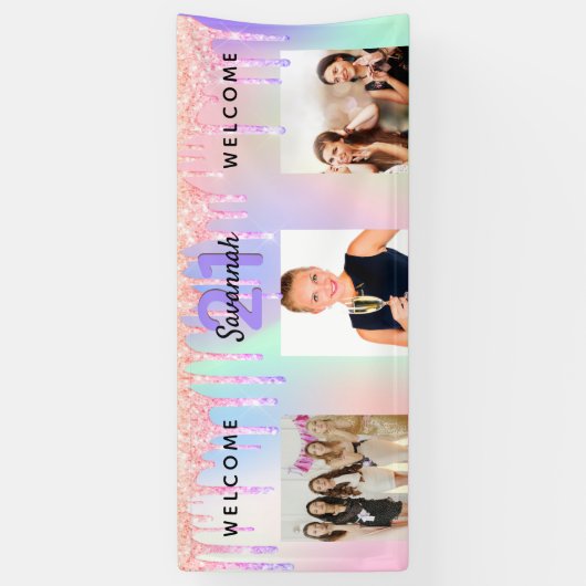 21ste verjaardag foto holografische roze druppels spandoek (Verticaal)