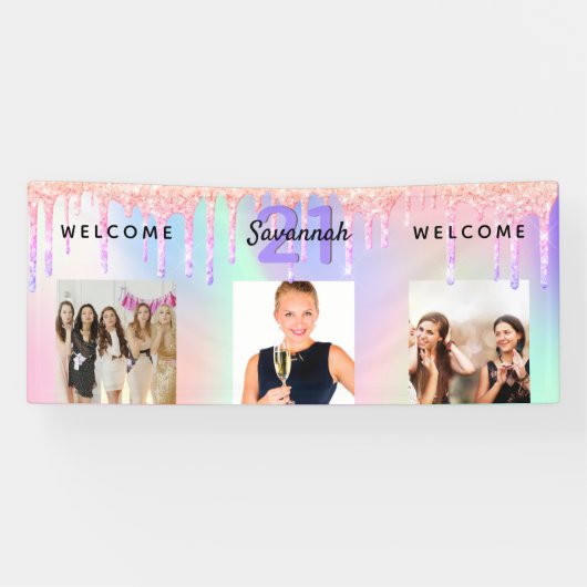 21ste verjaardag foto holografische roze druppels spandoek (Horizontaal)