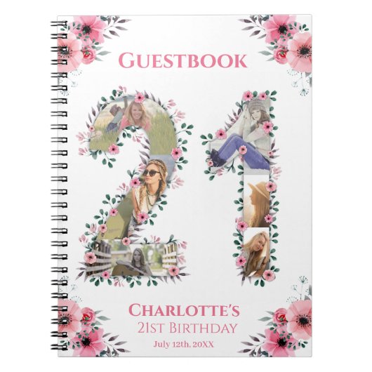21ste verjaardag Foto roze flower White Guest Book Notitieboek (Voorkant)