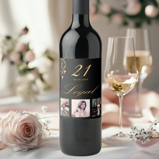 21ste verjaardag foto zwart goud legaal wijn etiket