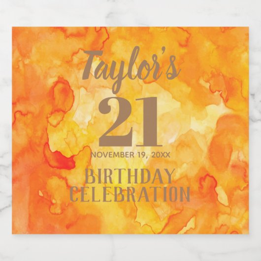 21ste Verjaardag Geel - Oranje Waterverf Sparkling Sparkling Wijnetiket (Enkel label)