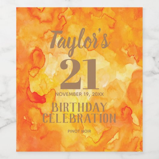 21ste verjaardag Geel - Oranje Waterverf Wijnarbei Wijn Etiket (Enkel label)