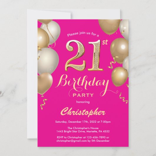 21ste verjaardag Hot Pink en Gold Balloons Confett Kaart (Voorkant)
