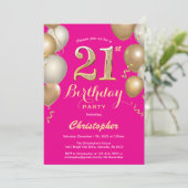 21ste verjaardag Hot Pink en Gold Balloons Confett Kaart (Staand voorkant)