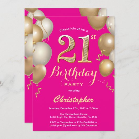21ste verjaardag Hot Pink en Gold Balloons Confett Kaart (Voorkant / Achterkant)