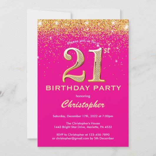21ste verjaardag Hot Pink en Gold Glitter Confetti Kaart (Voorkant)