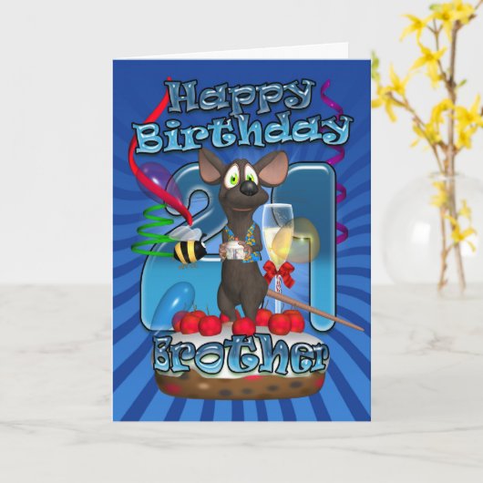 21ste verjaardag Kaart voor broeder - Funky Mouse (Gele Bloem)