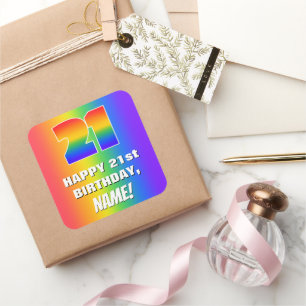 21ste verjaardag: kleurrijk, vun regenboogpatroon  vierkante sticker