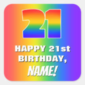 21ste verjaardag: kleurrijk, vun regenboogpatroon  vierkante sticker (Voorkant)