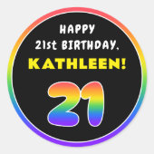 21ste verjaardag: kleurrijke regenboog # 21, Naam Ronde Sticker (Voorkant)