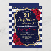 21ste verjaardag - Marine Wit Strepen en Rode Roze Kaart (Voorkant / Achterkant)