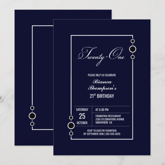 21ste verjaardag marineblauw met witte Lijst Parti Kaart (Voorkant / Achterkant)
