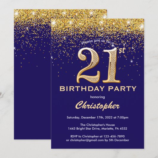 21ste verjaardag marinenblauw en goudglitter-Confe Kaart (Voorkant / Achterkant)