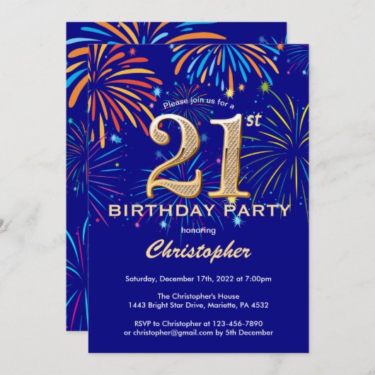 21ste verjaardag marinesblauw en goudregenboogvuur kaart (Voorkant / Achterkant)