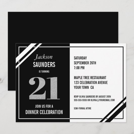 21ste verjaardag Moderne zwarte en witte diner Kaart (Voorkant / Achterkant)