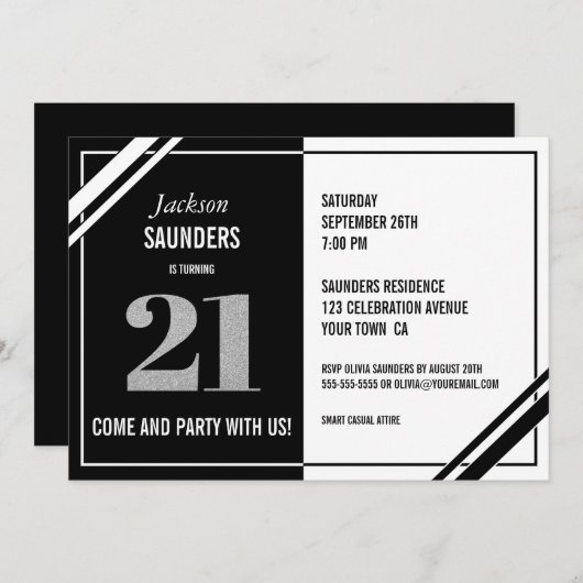 21ste verjaardag Moderne Zwarte en Witte Partij Kaart (Voorkant / Achterkant)