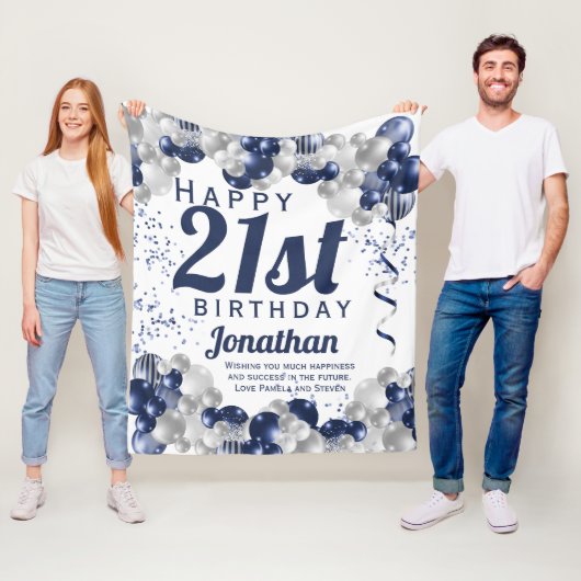 21ste verjaardag Navy Balloons Fleece Deken (In situ)