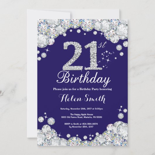 21ste verjaardag Navy Blue en Silver Diamond Kaart (Voorkant)