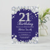21ste verjaardag Navy Blue en Silver Diamond Kaart (Staand voorkant)