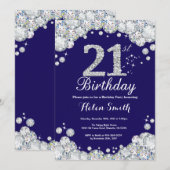21ste verjaardag Navy Blue en Silver Diamond Kaart (Voorkant / Achterkant)