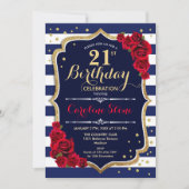 21ste verjaardag - Navy White Stripes en Red Roses Kaart (Voorkant)