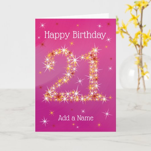 21ste verjaardag - nummer 21 in sterren Roze Paars Kaart (Gele Bloem)